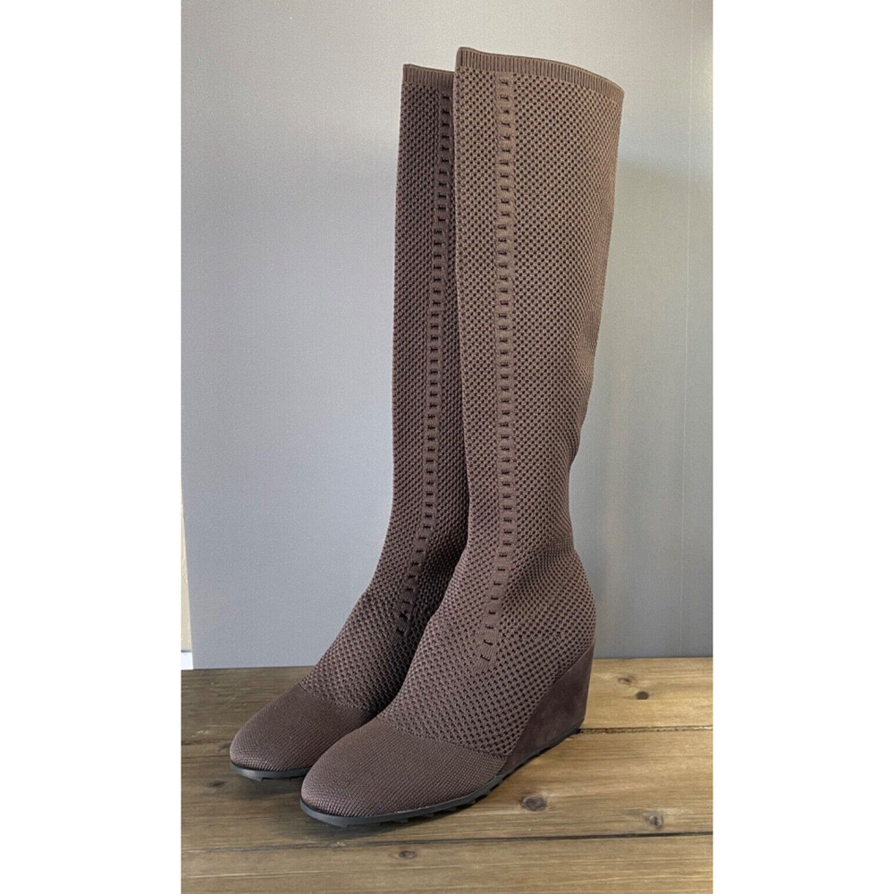 Elegant Brown Knit Knee-High Wedge Boots - Picture 4 of 10